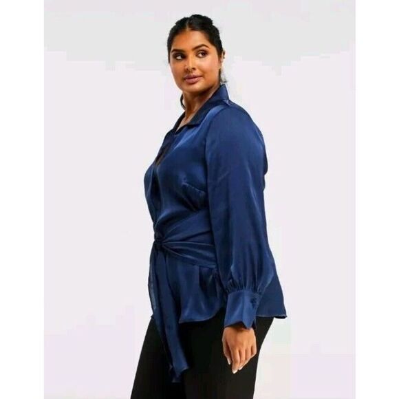 Estelle Ryder Wrap Shirt Blouse 3X 20W Button Front Collared Navy Blue NWT - Picture 5 of 12